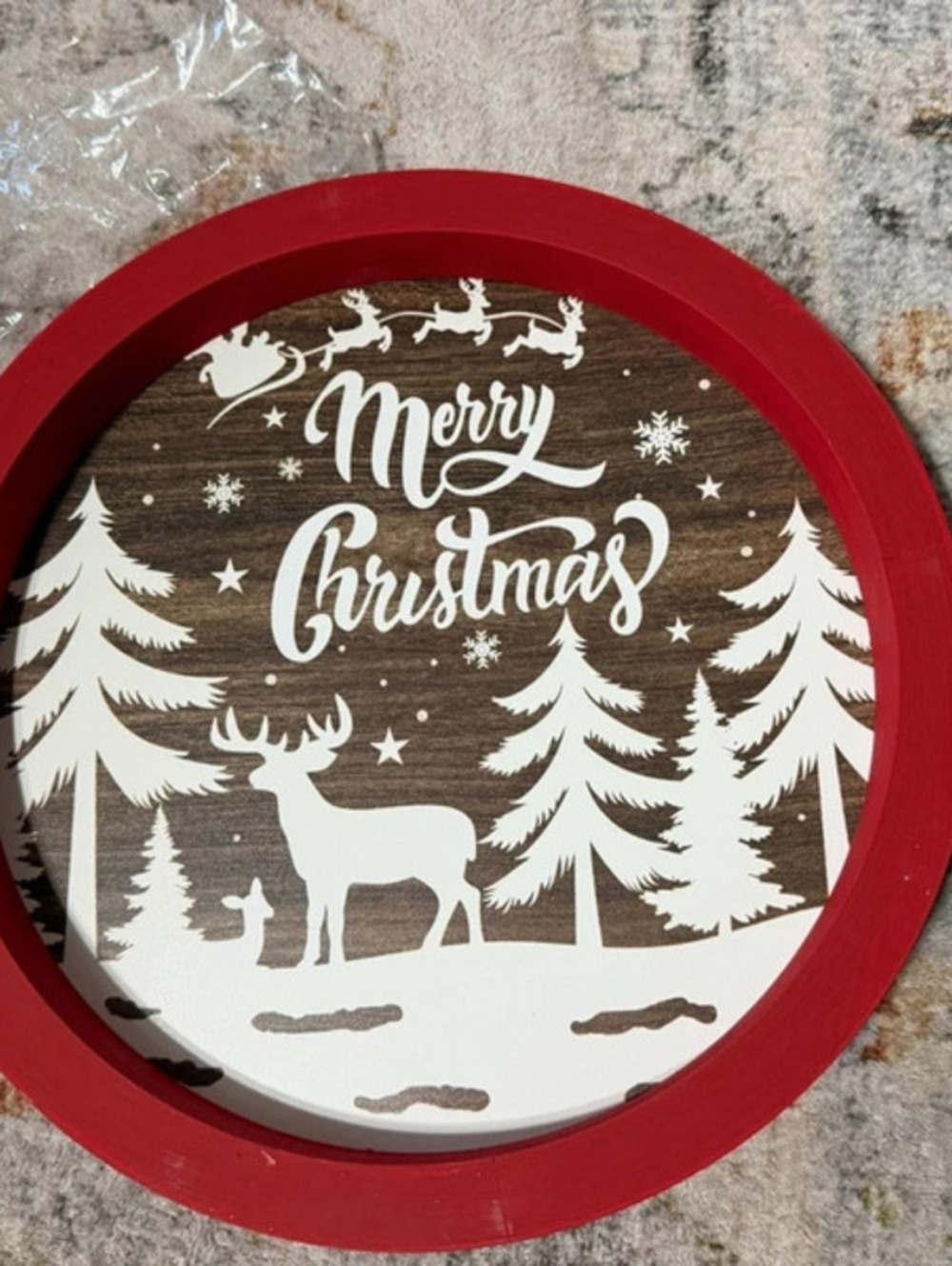 NWT Putuo Decor Round "Merry Christmas" Wooden Serving Tray - Red & Wood Grain